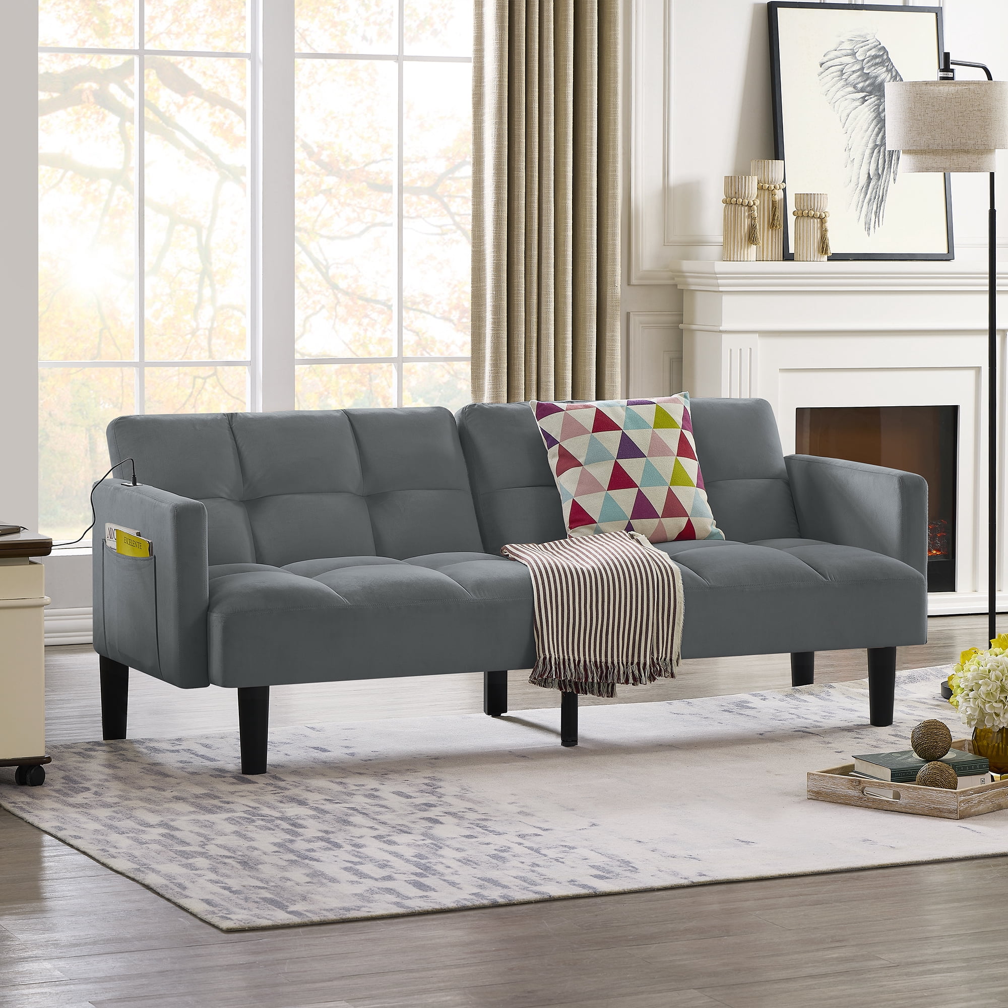 BSHTI Velvet Futon Sofa Couch,Convertible Folding Sofa Couch Bed Tufted Sofa Couch for Livingroom
