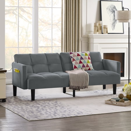 BSHTI Velvet Futon Sofa Couch,Convertible Folding Sofa Couch Bed Tufted Sofa Couch for Livingroom