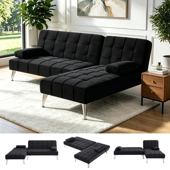 BSHTI Velvet Sectional Sofa 78.35” L Shaped Couch with Sleeper Function – Split-back design Modern Convertible Sleeper Sofa Bed for Living Room, Black