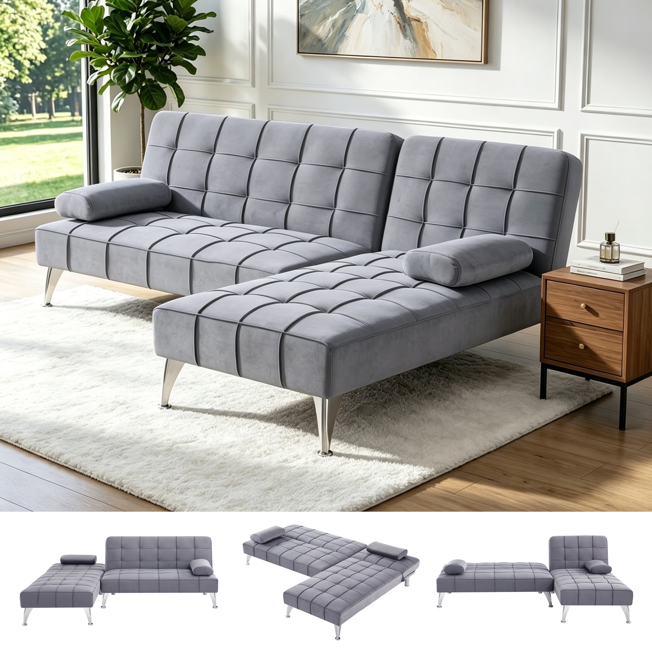 BSHTI Velvet Sectional Sofa 78.35” L Shaped Couch with Sleeper Function – Split-back design Modern Convertible Sleeper Sofa Bed for Living Room, Gray