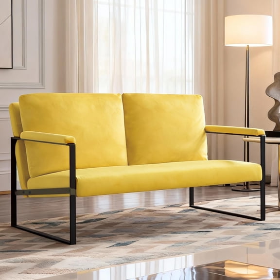 BSHTI Velvet Upholstery Non-slip Loveseat,2 Seating,Metal Frame,Square Arms with Padding,Removable Back Cushion,Easy to Assemble,Yellow