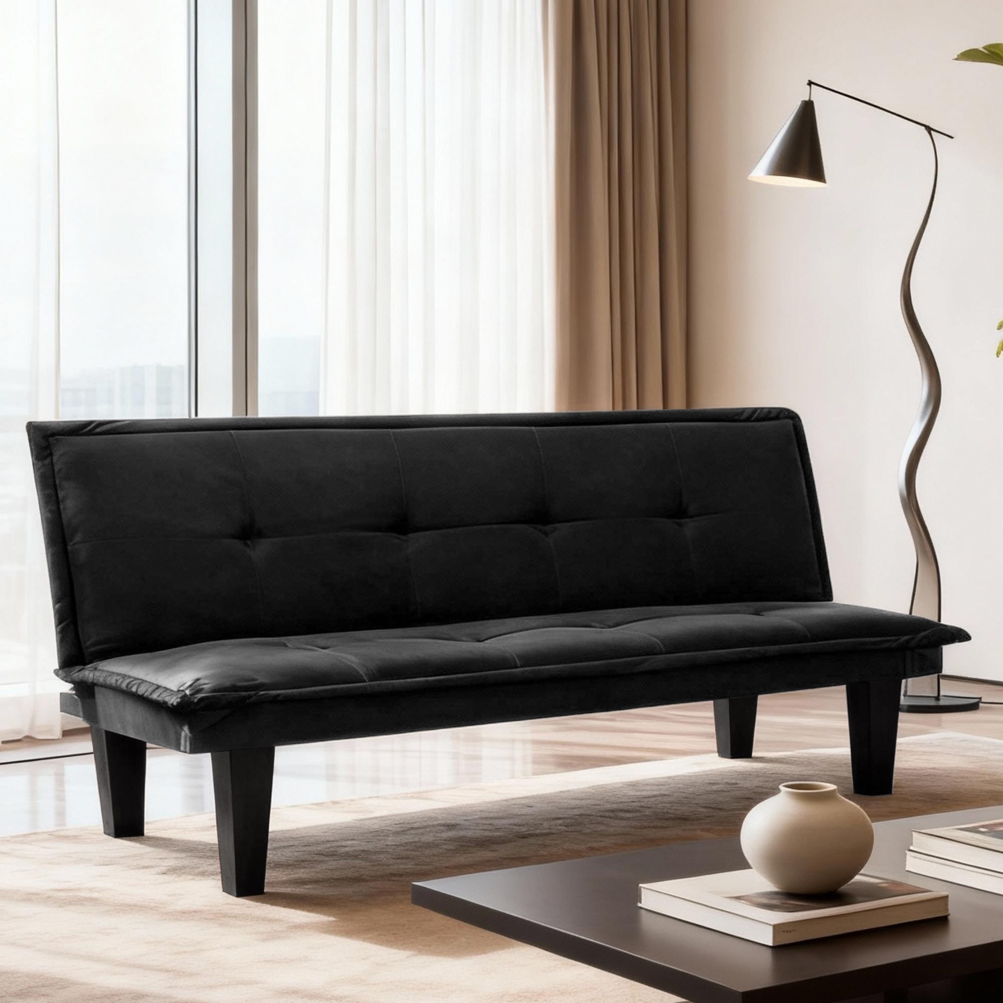 BSHTI Versatile 63.8” Futon Sofa Bed, Upholstered in Soft Faux Suede Fabric, Twin Size, 3-Position Adjustable Backrest, BLACK