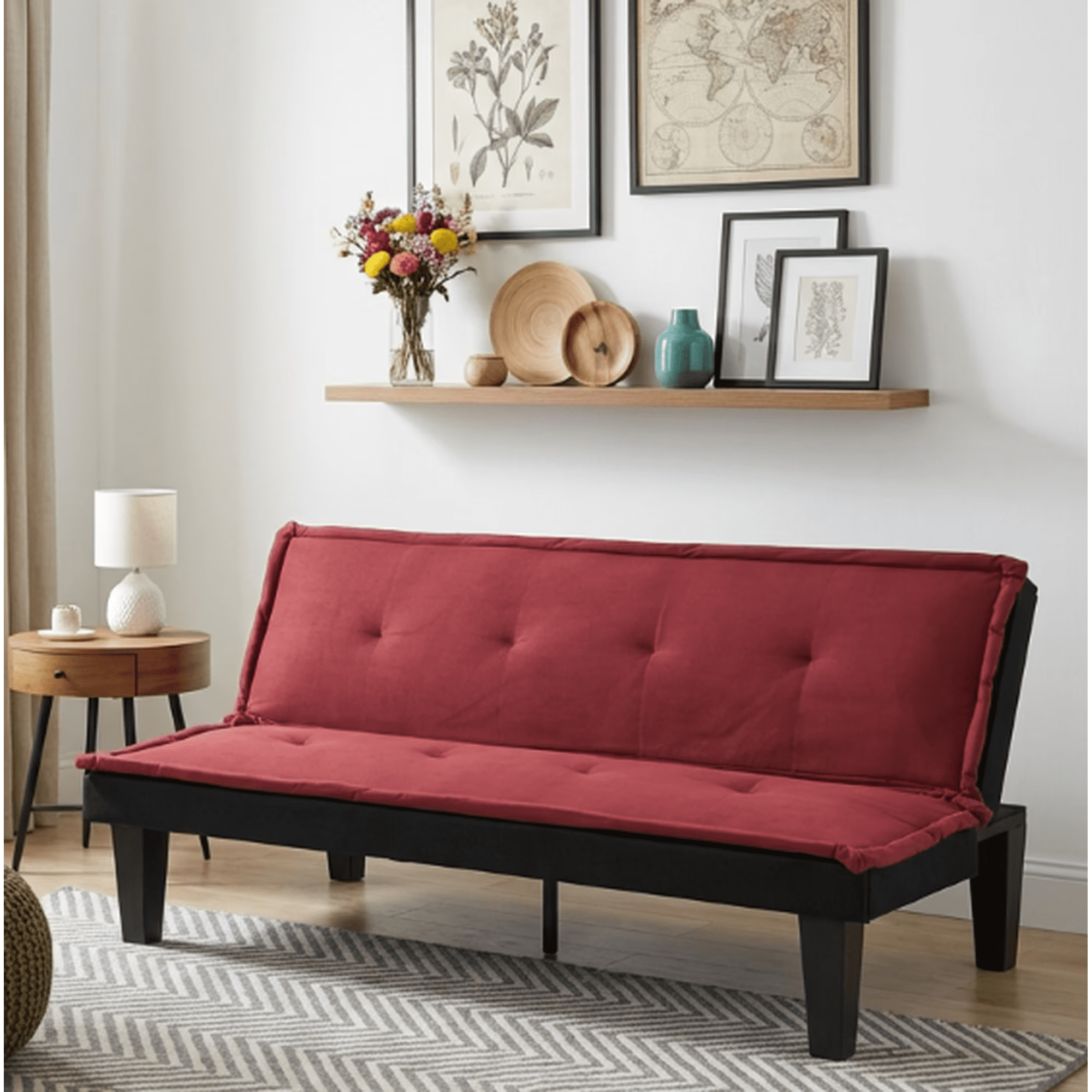 BSHTI 62.99" Faux Suede Futon Sofa Bed, 5-Position Adjustable Backrest, Converts to Sleeper, for Small Space, RED