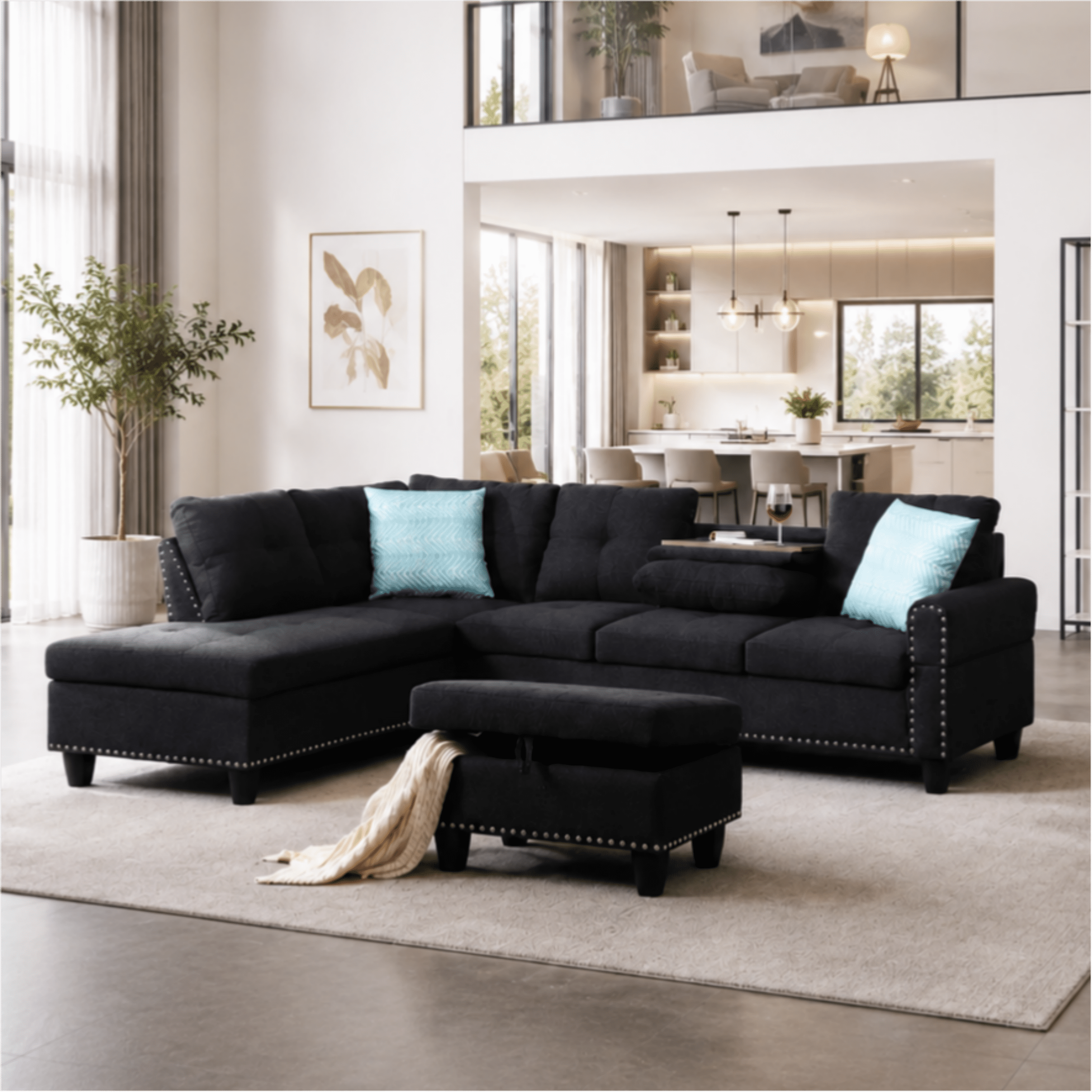BSHTI Charcoal Gray Linen L-Shaped Sectional Sofa with Reversible Storage Chaise for Living Room, Storage Ottoman & Cup Holders, 3-Seat Contemporary Couch