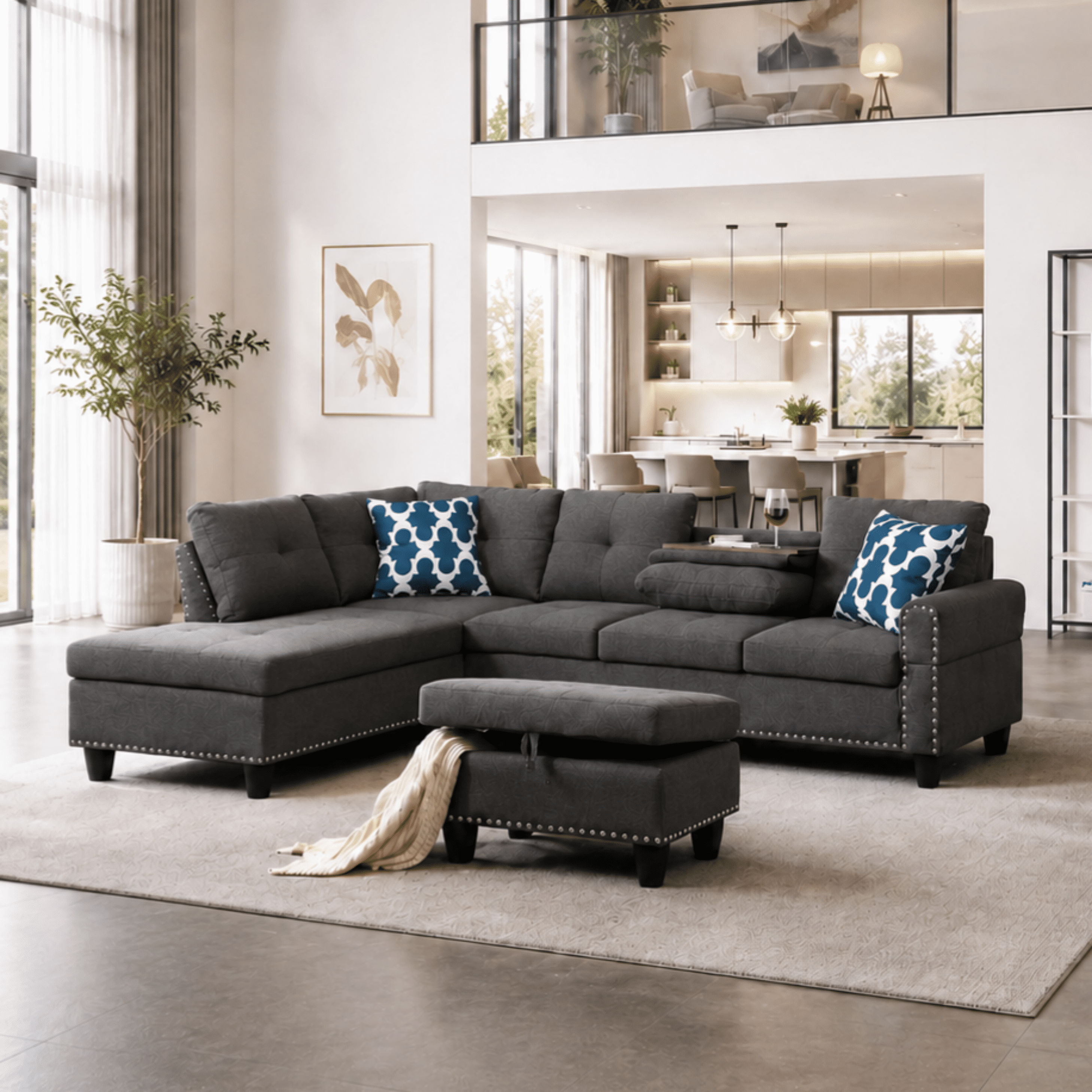 BSHTI Dark Gray Linen L-Shaped Sectional Sofa with Reversible Storage Chaise for Living Room, Storage Ottoman & Cup Holders, 3-Seat Contemporary Couch