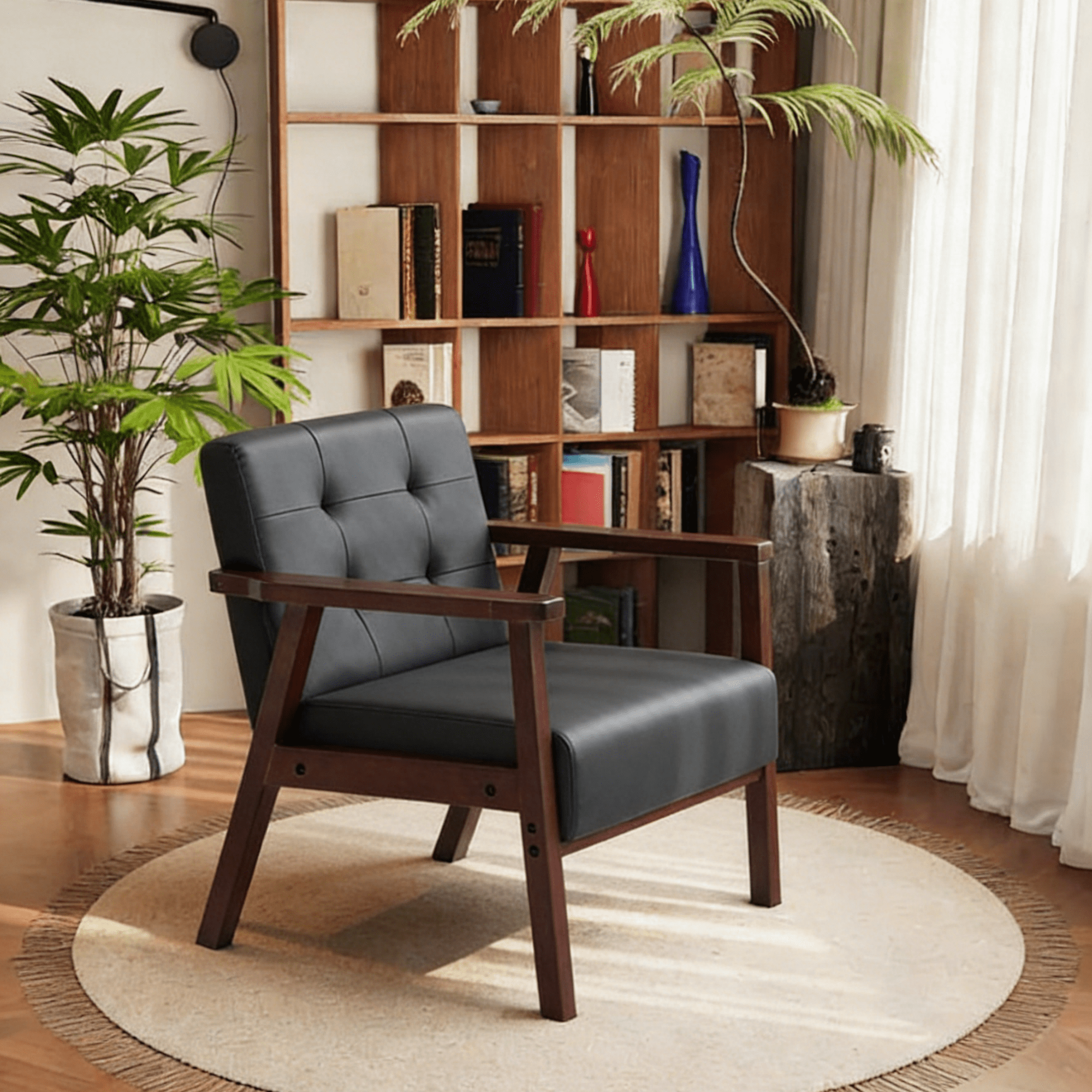 BSHTI Wood Frame Accent Armchair with High-Density Foam Seat – Sturdy Solid Wood Chair with Tufted Back, Comfy Upholstered Armchair for Living Room, Bedroom Corner, Reading Nook,PU Black