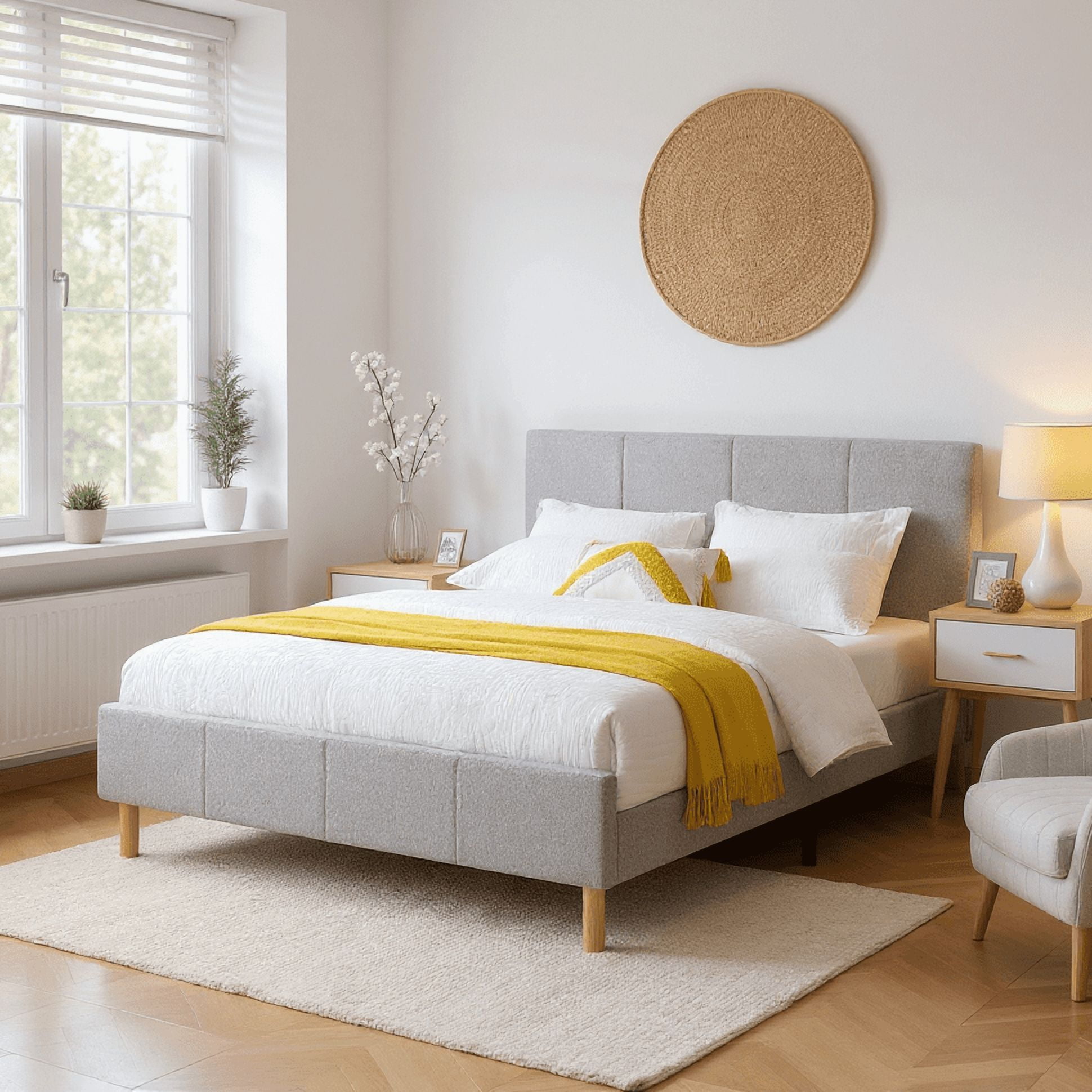 BSHTI Wood Slats Modern King Size Platform Bed Frame with Upholstered Headboard and wood slats support for Livingroom,No Box Spring Needed