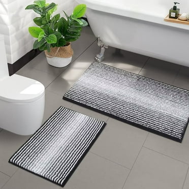 BSICPRO Bathroom Rugs and Mats Sets, 2 Piece Thick Absorbent Chenille Bath Mat Rug Set Non Slip, Soft Shaggy Room Floor for Bathroom, Machine Washable (20" x 32" Plus 16" 24", Black)