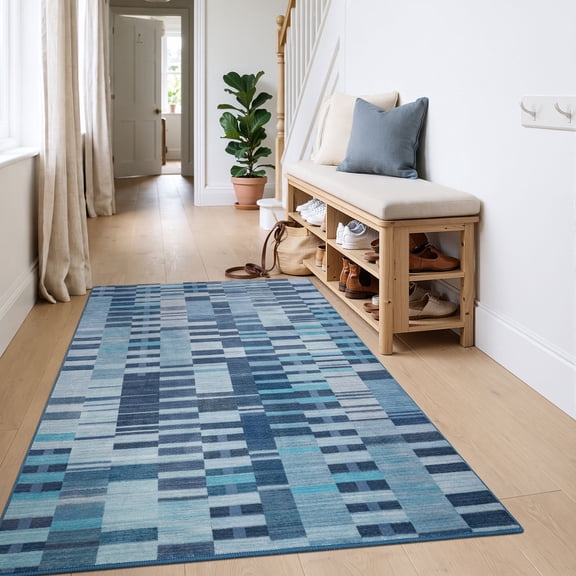 BSICPRO Contemporary Geometric Machine Woven Textured Area Rug, Polyester, Blue, 3' x 5