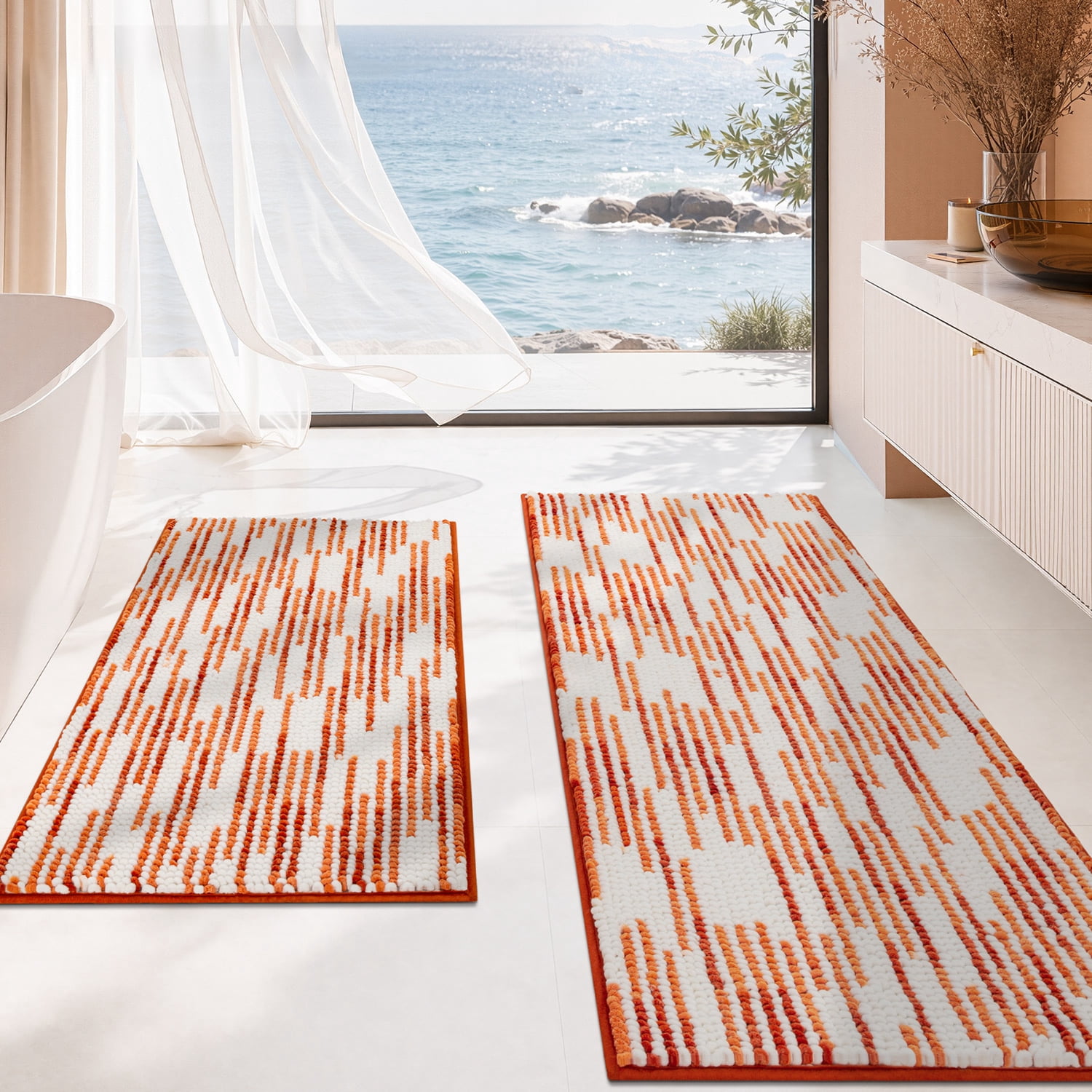 BSICPRO Fall Orange Bathroom Rug Set of 2, Abstract Stripe Chenille ...