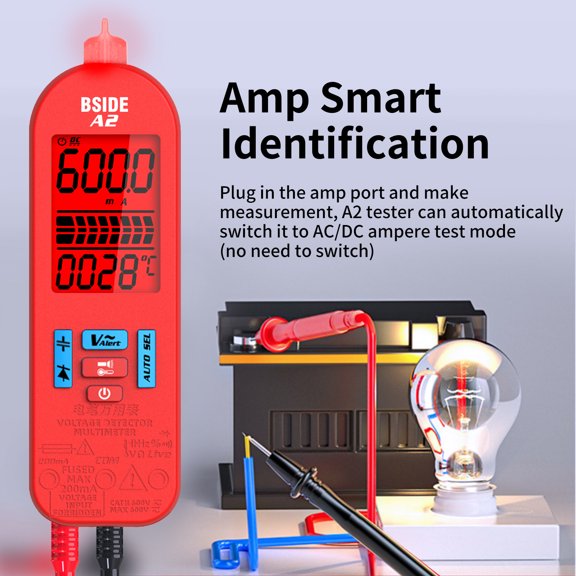 BSIDE A2 Mini Smart Digital Multimeter Auto Range 5999 Counts NCV Universal Meter Handheld Multifunctional Tester Voltmeter Ammeter with Backlight Flashlight, 5.75 inches / 14.6 cm, Red