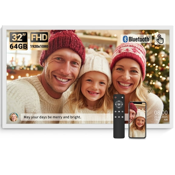 BSIMB 32 Inch Large Digital Picture Frame, Touchscreen 64GB 1920x1080 FHD WiFi Photo Frame Electronic Display Remote Control, Share Pictures/Videos via Free App/USB/SD Easy Setup Gifts for Mom, White