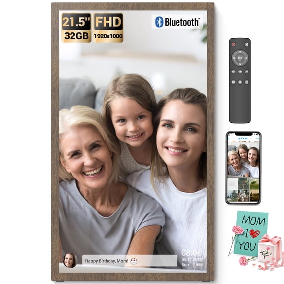 BSIMB Large Digital Picture Frame 21.5 Inch, 1920x1080 FHD WiFi Photo Frame Electronic 32GB Remote Control, Share Pictures/Videos via App/USB/SD Easy Setup Gifts for Mom(Non-Touch), Dark Wood