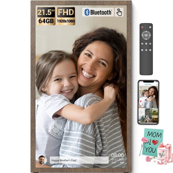 BSIMB 21.5 inch Digital Photo Frame, FHD 1080P WiFi Touchscreen Picture Frame with 64GB Storage, Remote Control, Wall Mountable and App Sharing, Dark Wood