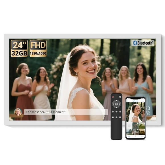 BSIMB Large Digital Picture Frame 24 Inch, 64GB 1920x1080 FHD WiFi Digital Photo Frame Electronic Display, Wall Mount Included, Share Pictures/Videos via App Easy Setup Gift for Mom(Non-Touch), White