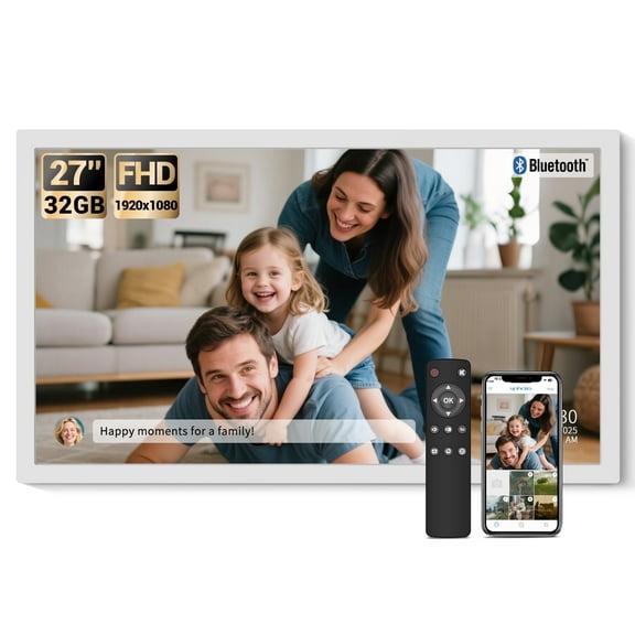BSIMB Large Digital Picture Frame 27 Inch, 1920x1080 FHD WiFi Digital Photo Frame Electronic 32GB Display, Wall Mount Included, Share Pictures/Videos via App Easy Setup Gift for Mom(Non-Touch), White