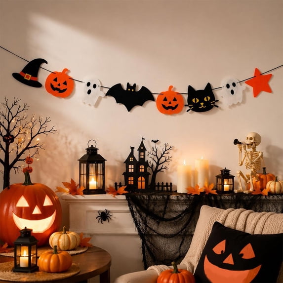 BSJJY 2-Pack Halloween Pennant Garland, Pumpkin Bat Ghost Star Cutout Bunting, Non-Woven Fabric Hanging Banner for Wall, Mantel, Door, Party Scene Decoration