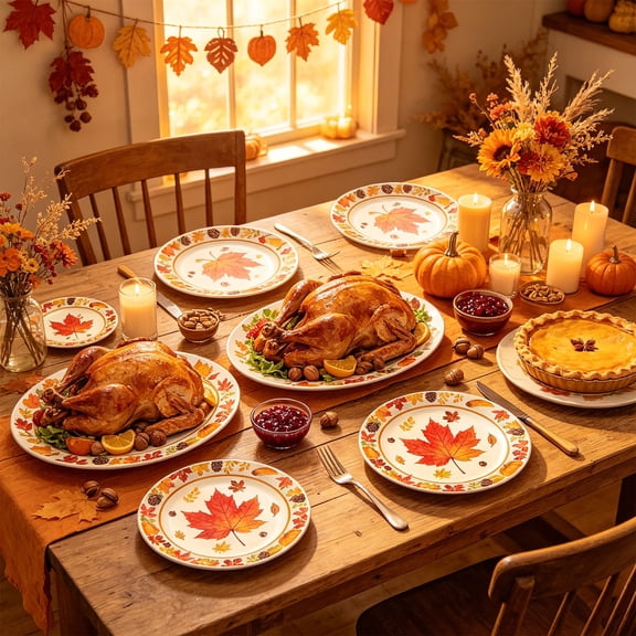 BSJJY 20-Pack Thanksgiving Paper Plates, Fall Pumpkin & Maple Leaf Disposable Tableware, 18cm