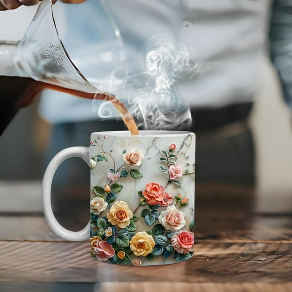 BSJJY 3D Flower Coffee Cup, Beautiful Rose White Cup, Valentine's Day Mug, Women's Day Mug Present, Gift For Her, 3D Rose Full Wrap Cup (A)