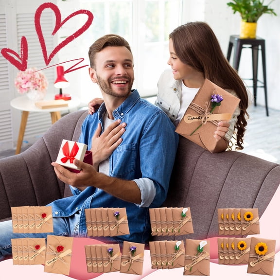 BSJJY 40Pcs Vintage Kraft Paper Dried Flower Small Greeting Card, Flower Card Envelopes, Cute Envelopes Small Card Holders Mini Seed Envelopes with Heart Shaped Clasp (ABCD)