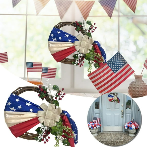 BSJJY 4th of July Wreaths for Front Door, Summer Patriotic Independence Day Wreath, Memorial Day Festival Celebration Patriotic Flag Garland