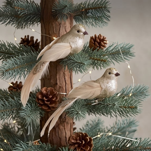 BSJJY 7.9" Gold Glitter Bird Ornaments, Set of 2 with Elegant Sparkly Feathers, Hidden Clip for Secure Attachment, Great for Tree Branches, Wreaths, or Table Centerpieces, Festive Holiday Accent