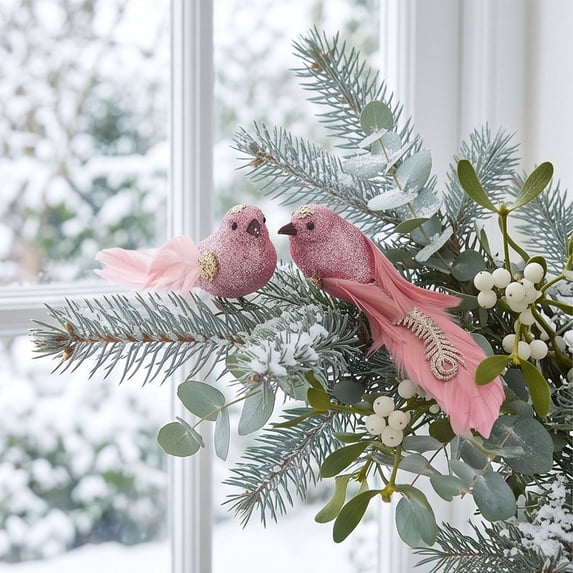 BSJJY 7.9" Pink Glitter Bird Ornaments, Set of 2 with Delicate Sparkly Feathers, Hidden Clip Stays Invisible, Ideal for Tree Decor, Wreath Accents, or Holiday Party Table Settings