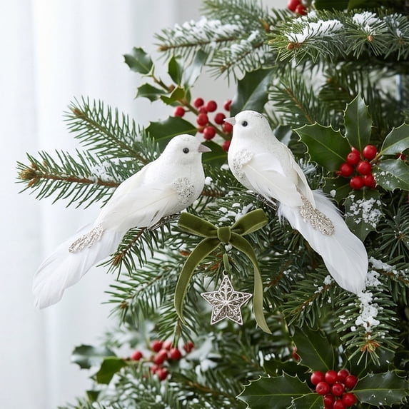 BSJJY 7.9" White Glitter Bird Ornaments, Set of 2 with Soft Sparkly Finish, Hidden Metal Clip for Easy Mounting, Perfect for Christmas Tree, Wreath, Garland, or Gift Topper Decoration