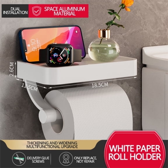 BSJJY Adhesive Toilet Paper Holder with Phone Shelf, Modern Toilet Tissue Holder Stainless Steel RV Toilet Roll Holder without Drilling, Universal Holder Wall Mount for Bathroom, 1pc