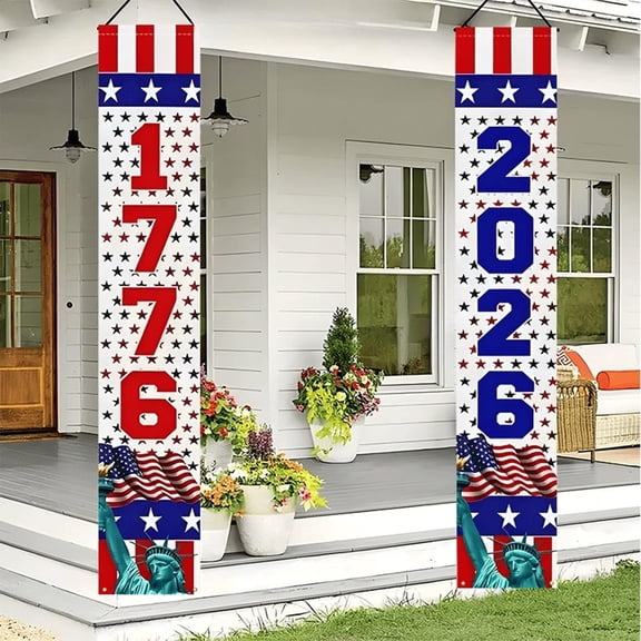 BSJJY American 250th Anniversary Vertical Couplet Flag 30x180cm, US Bicentennial Double-Sided Fabric Scroll Patriotic Poem Decoration for Home Wall Holiday 11.81x70.86in