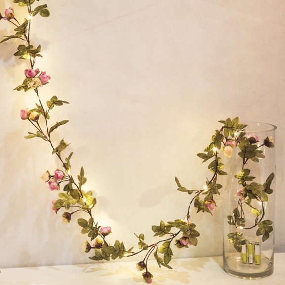 BSJJY Artificial Rose Flower Vine String Lights, 2 Meter 6ft Battery Operated Rose Flowers Ivy Garland Fairy Lights for Valentine's Day Wedding Birthday Garden Party Gift Decorations