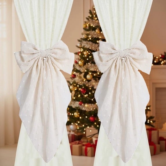 BSJJY Beige Bow Curtain Tieback Clip, 7.5x15.8 Inch Ribbon Curtain Buckle, Elegant Christmas Window Decor