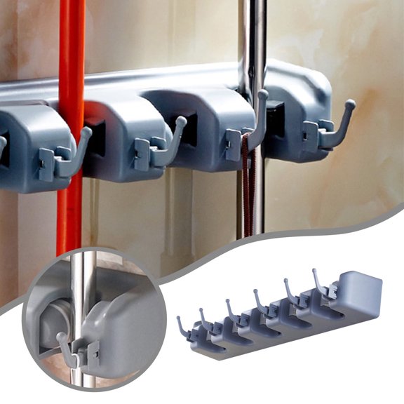 BSJJY Broom and Mop Holder Wall Mount -Mop and Broom Storage Rack Wall Mounted Utility Rack (5 Slots 6 Hooks), 1pc