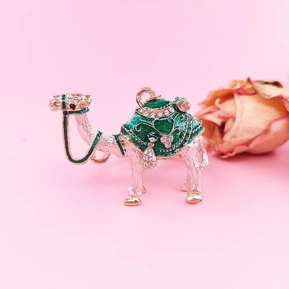 BSJJY Camel Lover Gift - Tiny Cute Camel Figurine Collectible, Hinged Crystal Jeweled Animal Trinket Jewelry Box, Desert Camel Decor Ornament (Green)
