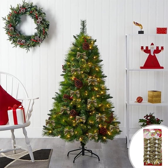 BSJJY Christmas Mini Bow, 12pcs Gold Plastic Ornament, Tree Holiday Party Decoration for Gift Wrapping