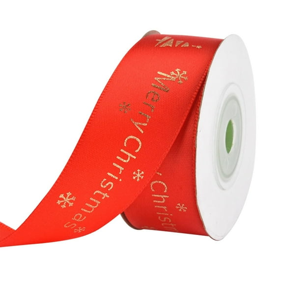 BSJJY Christmas Ribbons, Red Satin Ribbons with Gold Christmas Tree and Snowflake Pattern, Holidays Ribbon Set for Craft/Gift Wrapping/Party Decor, 1 Inch Wide, 10 Yards,1Roll