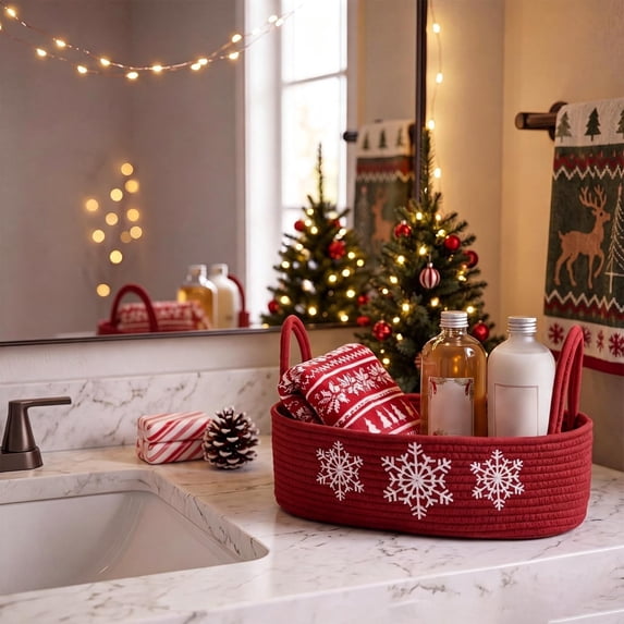 BSJJY Christmas Woven Storage Basket, Red Cotton Rope Organizer Snowflake Embroidery with Handles for Bathroom, 12.99x5.91x3.94 Inch