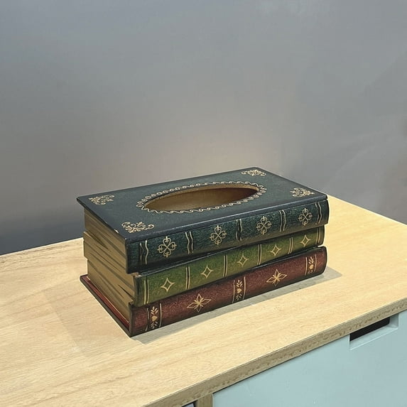 BSJJY Crafted Classical Retro Wooden Antique Book Tissue Box Cover Rectangular Tissue Holder Dispenser Paper Cover Case Napkin Holder Home Decor for Bathroom living room office car, 1pc