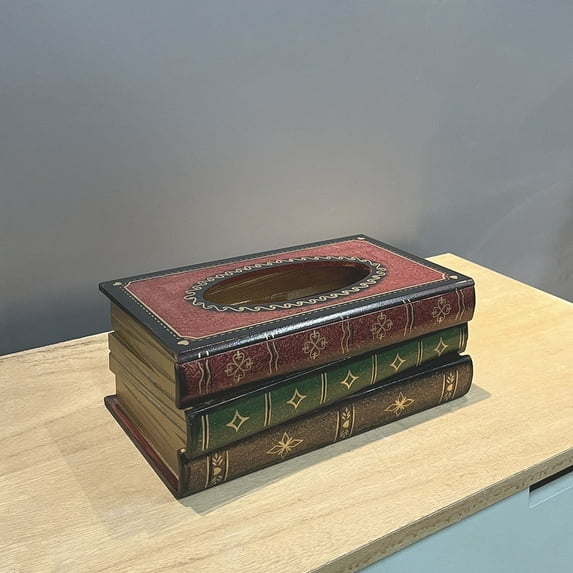BSJJY Crafted Classical Retro Wooden Antique Book Tissue Box Cover Rectangular Tissue Holder Dispenser Paper Cover Case Napkin Holder Home Decor for Bathroom living room office car, 1pc