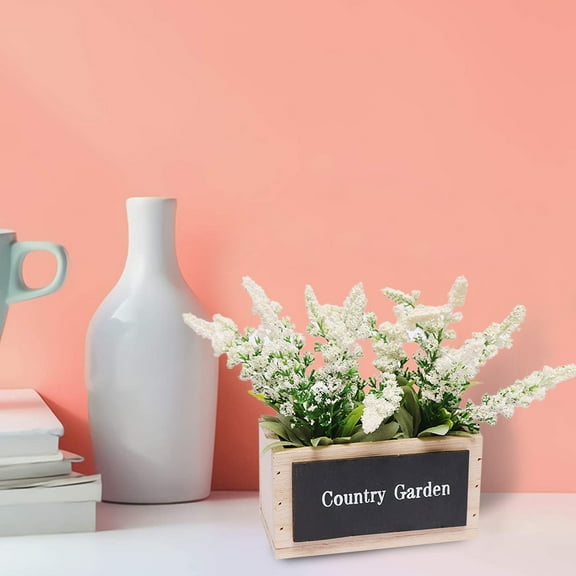 BSJJY Fake Lavender Flower Arrangement in Rustic Rectangular Wood Planter Box Artificial Potted Lavender Plant for Gifts Farmhouse Wedding Centerpiece Shelf Greenery Decor