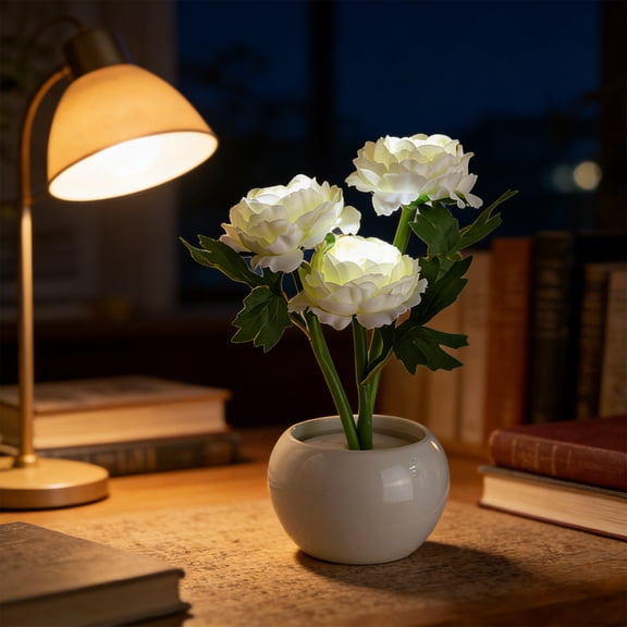 BSJJY Flower Pot Light, Mini Night Light, Atmosphere Desk Lamp, Bedroom Bedlight, Home Decoration, USB Powered, White, Ceramic, Romantic Gift