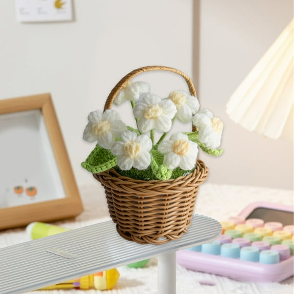 BSJJY Handmade Crochet Sunflower Rose Daisy Mixed Bouquet Basket, Knitted Artificial Forever Flowers, Gift to Girlfriend Mom Women, Perfect for Valentines, Home Decor, Celebration (White)