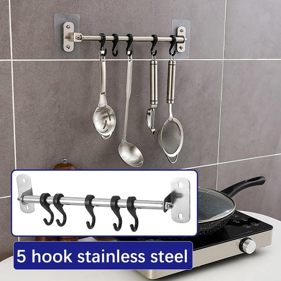 BSJJY Kitchen Rail with 5 Sliding Hooks, Wall Mount Kitchen Utensil Rack, Pan and Pot Hangers Organization and Storage Holder Set, 1pc