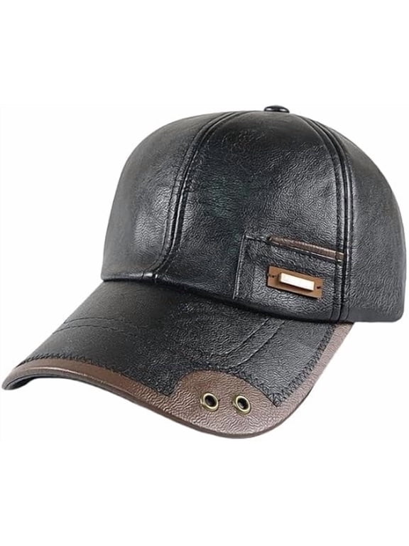Men's Genuine Leather Baseball Cap, Black, with Fleece Lining, Adjustable, for Fall and Winter, Windproof