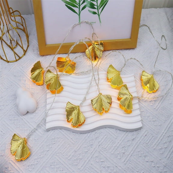 BSJJY Metal Gold Leaf String Light Ginkgo Leaf String Lights Golden Leaf Fairy Lights, 1.5m 10LEDs Leaf Garland Hanging Lights for Christams Outdoor Backyard Decors