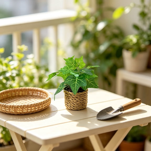 BSJJY Mini Artificial Potted Plant, Faux Leaf Tabletop Decor in Handwoven Straw Basket, Small Fake Shrub for Shelf, Desk, Indoor Home Office Greenery - D