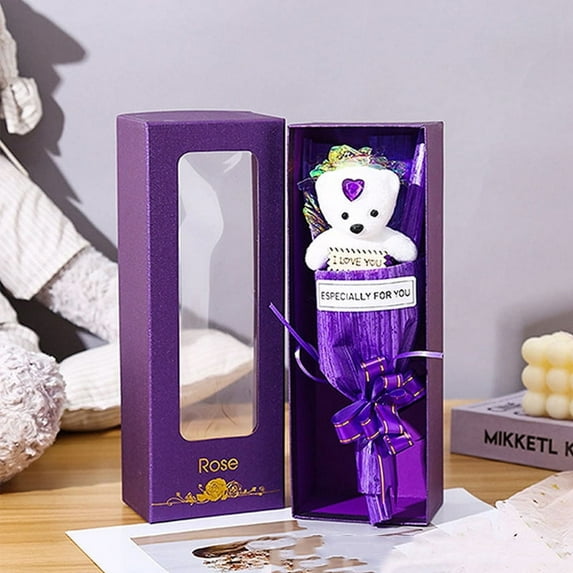BSJJY Mom Gifts, Light Up Rose Flowers, Rainbow Artificial Rose Love with Cute Bear and Gift Box, Gifts Ideas for Her, Eternal Flowers for Mothers Day, Valentines, Birthday (Purple)