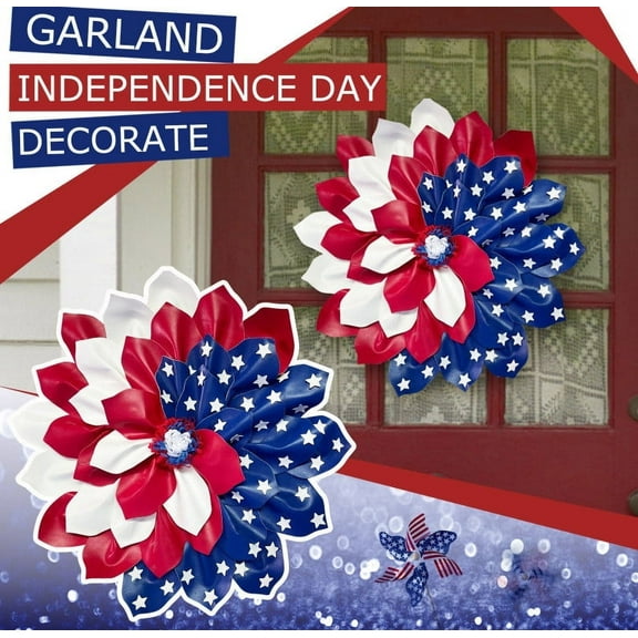 BSJJY Patriotic Wreath 4th of July Fourth Wreaths, Memorial Day Pride Garland Front Door Red White and Blue Wreath Summer American Flag
