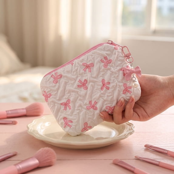 BSJJY Pink Bow Design Makeup Pouch 5.5x4.3 Inch, Nylon Zipper Cosmetic Bag for Lipstick and Accessories, Portable Travel Organizer