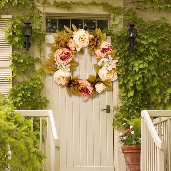 BSJJY Pink Peony Wreath Summer Wreaths, Summer Wreath for Front Door, Artificial Flower Wreath Summer Wreath for Indoor Outdoor Wedding Wall Outdoor Home Wreath Decor,2pc